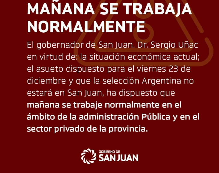 Pese al feriado nacional en San Juan se trabajará con normalidad 