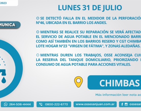 Por reparación de medidor, el servicio de agua potable estará afectado en el barrio Los Andes, en Chimbas