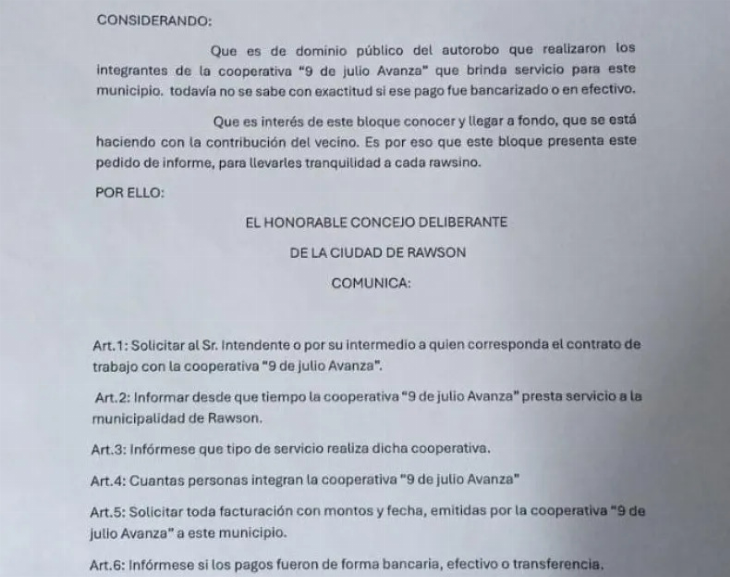 Rawson: Piden informes al intendente por la relación con la cooperativa 9 de Julio avanza