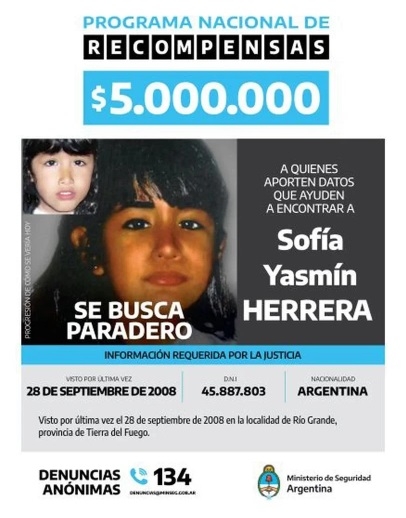 Aumentaron a 5 millones la recompensa por datos del paradero de Sofía Herrera