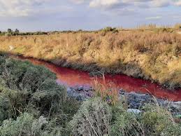 Los vecinos de Sarmiento asustados por un desagüe que se tiñó de color rojo