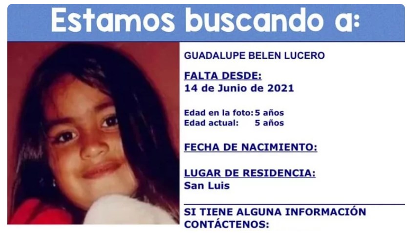 La nena desaparecida en San Luis es buscada por Missing Children y por el Sistema Federal de Personas Desaparecidas