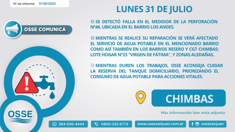 Por reparación de medidor, el servicio de agua potable estará afectado en el barrio Los Andes, en Chimbas